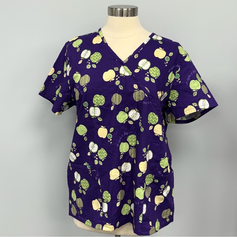 NWOT SB Scrubs Cottagecore Scrub Top M Purple With Apple Print Mock Wrap Cotton